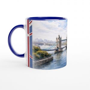 London Aquarell Tasse 330 ml mit Tower Bridge, Themse und Skyline im ruhigen urbanen Aquarellstil, erhältlich in Weiß, Blue Edition oder Red Edition