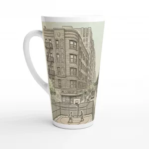 Bronx Latte Tasse 440 ml mit gezeichneter New Yorker Straßenszene, Hochbahn, Bodega und Basketballcourt im urbanen Aquarellstil