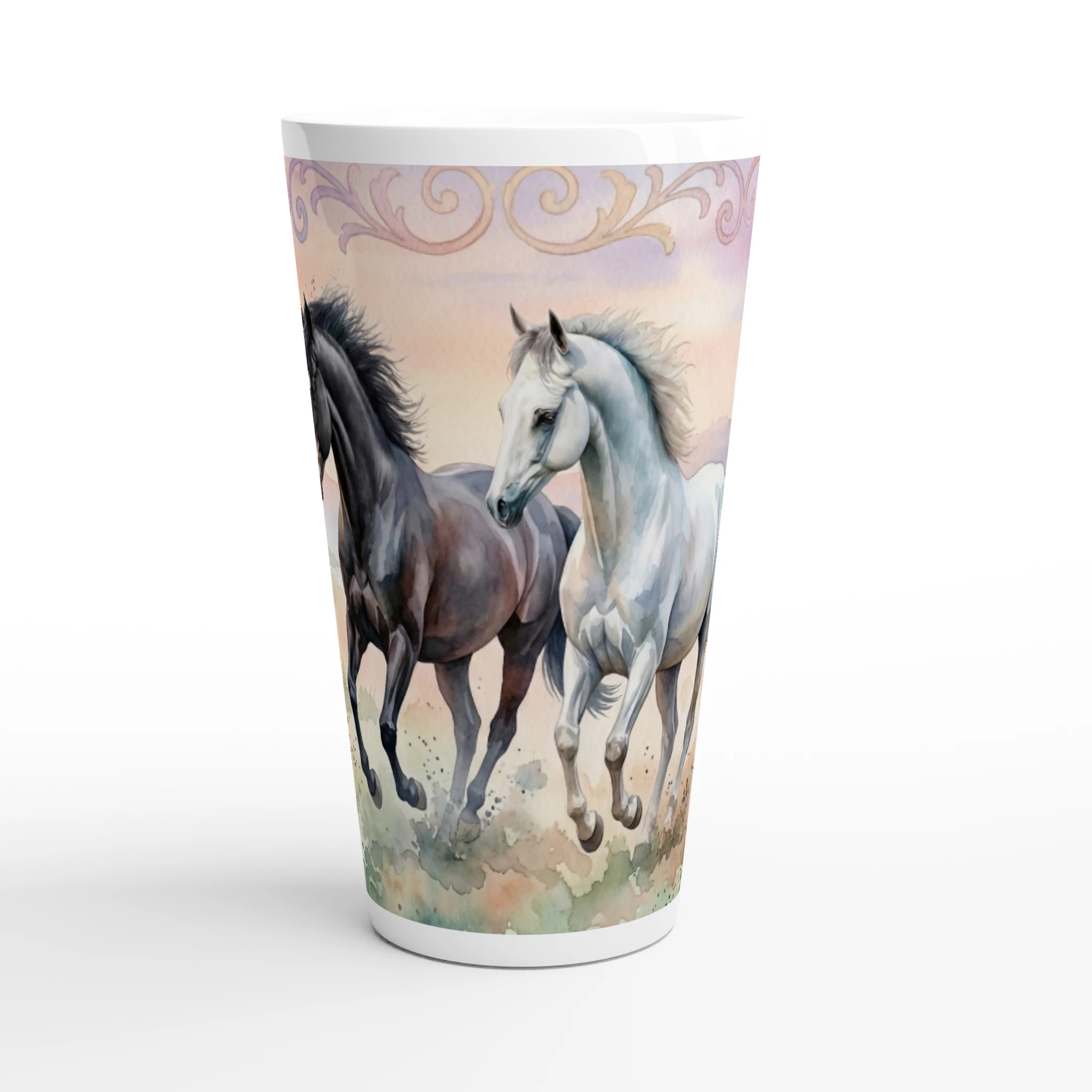 Pferde Latte Tasse 440 ml mit zwei anmutigen Pferden im zarten Aquarellstil vor pastelliger Landschaft Pferde Latte Tasse 440 ml mit zwei anmutigen Pferden im zarten Aquarellstil vor pastelliger Landschaft