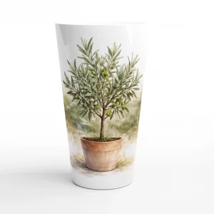 Olivenbaum Latte Tasse 440 ml mit feinen Olivenzweigen und Terrakottatopf im botanischen Aquarellstil