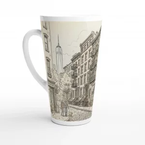 West Village Latte Tasse 440 ml mit gezeichneter New Yorker Straßenszene im ruhigen Aquarellstil