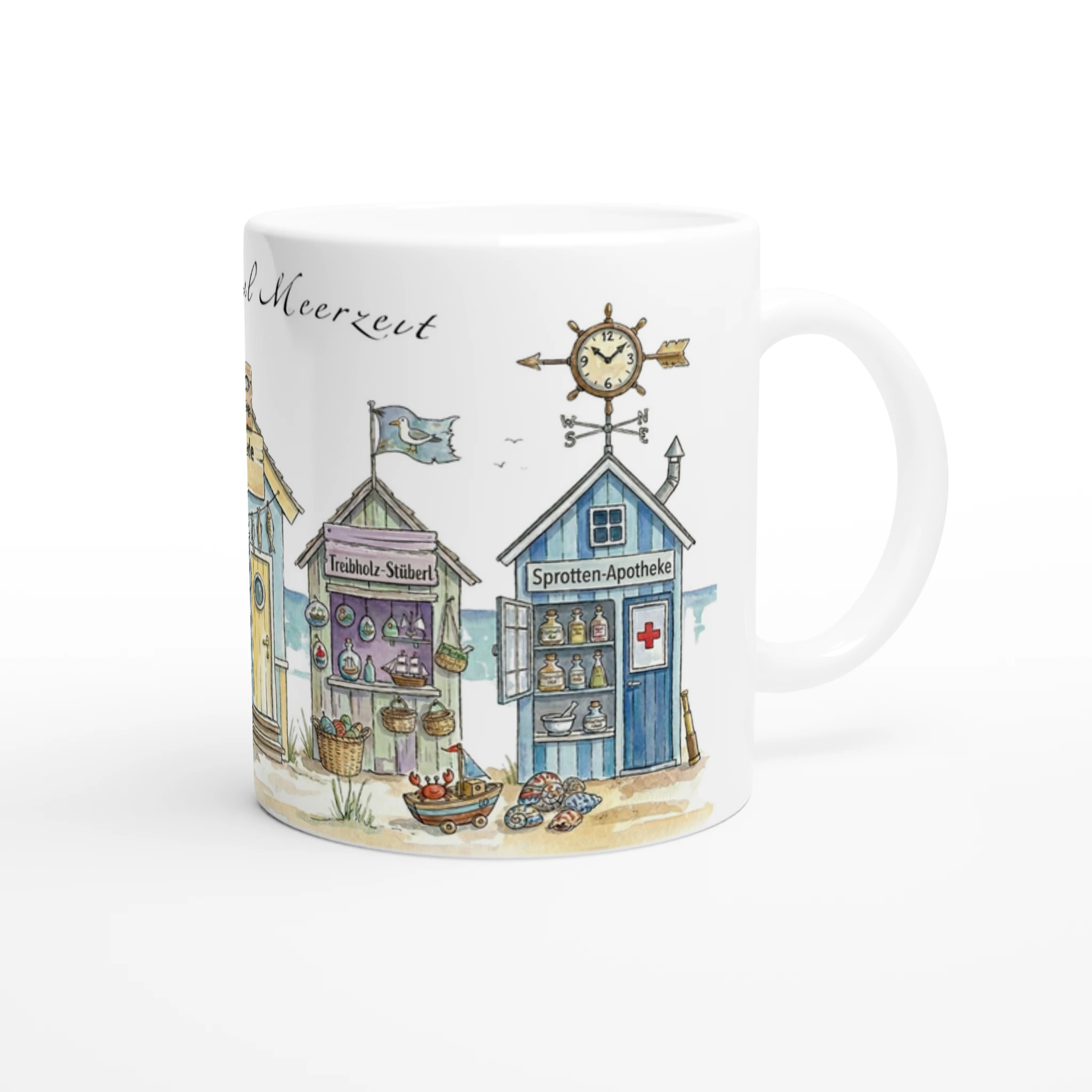 Meerzeit Tasse 330 ml mit maritimen Strandbuden im Aquarellstil, erhältlich in Weiß sowie mit gelber, rosa oder grüner Innenfläche und Henkel Meerzeit Tasse 330 ml mit maritimen Strandbuden im Aquarellstil, erhältlich in Weiß sowie mit gelber, rosa oder grüner Innenfläche und Henkel