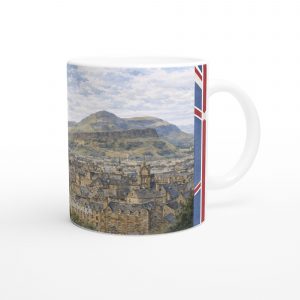 Edinburgh Aquarell Tasse 330 ml aus der Serie British City Portraits mit Castle, Altstadt, Kirchtürmen, Hügeln und dezenten schottischen Flaggenelementen