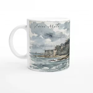 Saint-Malo Tasse 330 ml mit Stadtmauer, Atlantikküste und historischem Stadtbild im Aquarellstil