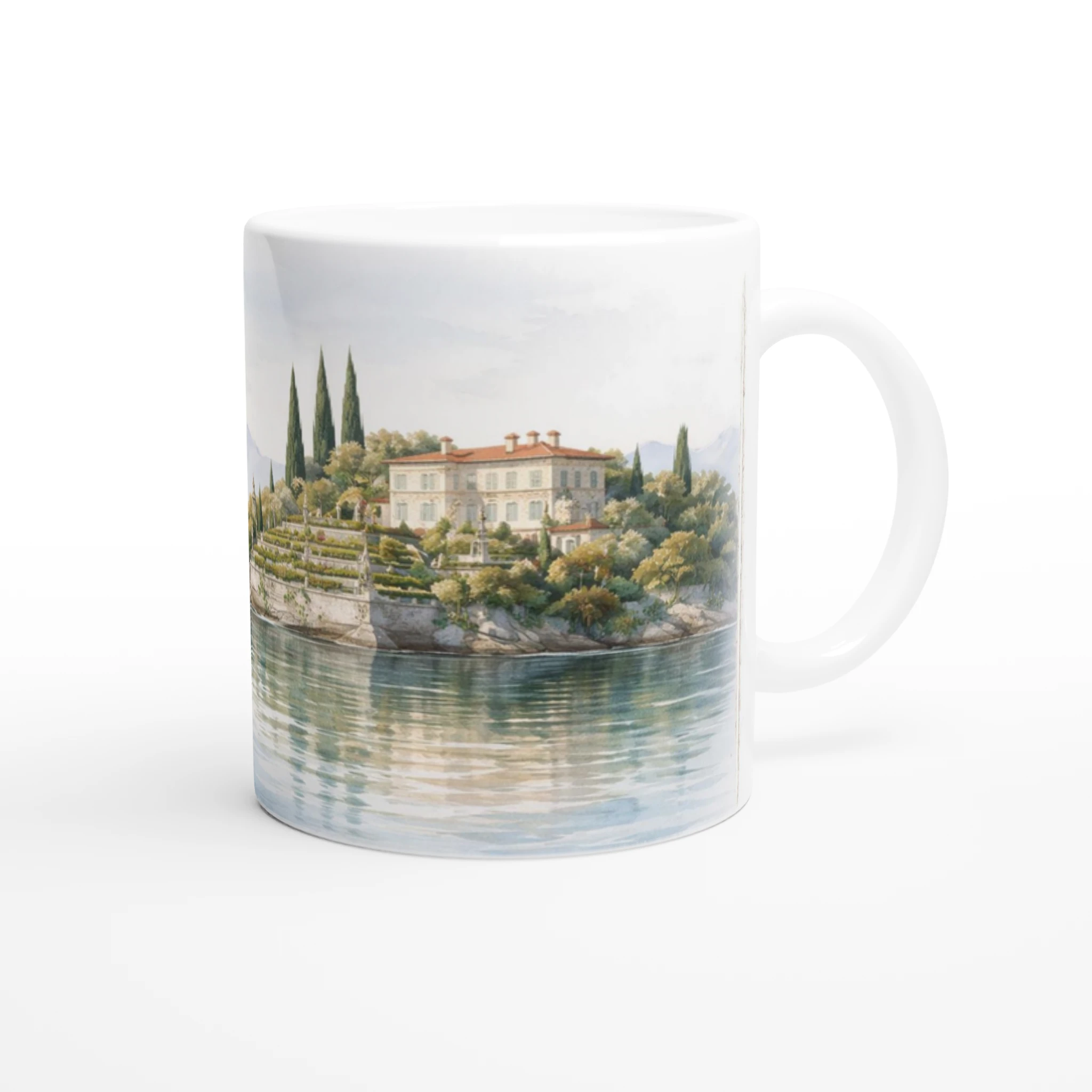 Lago Maggiore Tasse 330ml mit italienischer Villa, Zypressen und ruhiger Seelandschaft als Rundumgrafik Lago Maggiore Tasse 330ml mit italienischer Villa, Zypressen und ruhiger Seelandschaft als Rundumgrafik