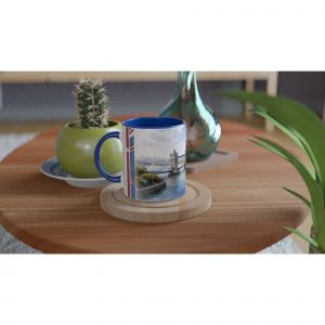 London Aquarell Tasse 330 ml mit Tower Bridge, Themse und Skyline im ruhigen urbanen Aquarellstil, erhältlich in Weiß, Blue Edition oder Red Edition