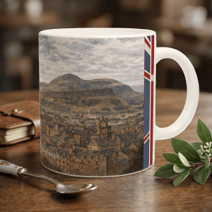 Edinburgh Aquarell Tasse 330 ml aus der Serie British City Portraits mit Castle, Altstadt, Kirchtürmen, Hügeln und dezenten schottischen Flaggenelementen