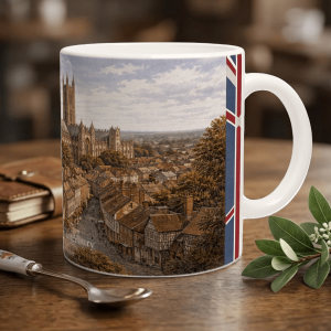 Canterbury Aquarell Tasse 330 ml aus der Serie English City Portraits mit Altstadt, Fachwerkhäusern, Kathedrale und dezenten England-Flaggenelementen