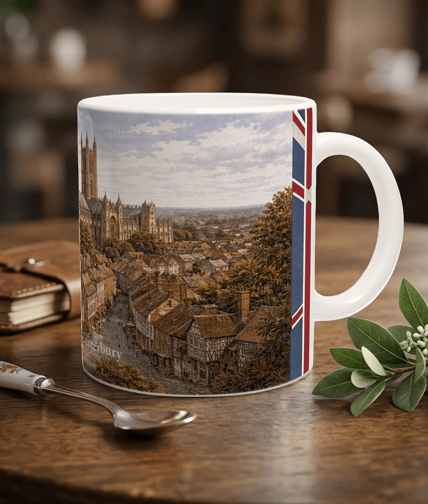 Canterbury Aquarell Tasse 330 ml aus der Serie English City Portraits mit Altstadt, Fachwerkhäusern, Kathedrale und dezenten England-Flaggenelementen Canterbury Aquarell Tasse 330 ml aus der Serie English City Portraits mit Altstadt, Fachwerkhäusern, Kathedrale und dezenten England-Flaggenelementen