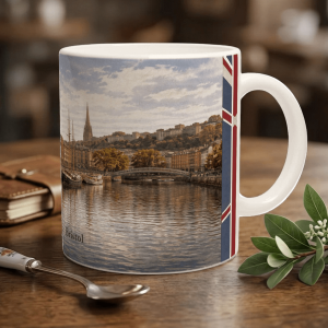 Bristol Aquarell Tasse 330 ml aus der Serie English City Portraits mit Harbourside, Booten, Backsteinarchitektur, Wasser und dezenten England-Flaggenelementen