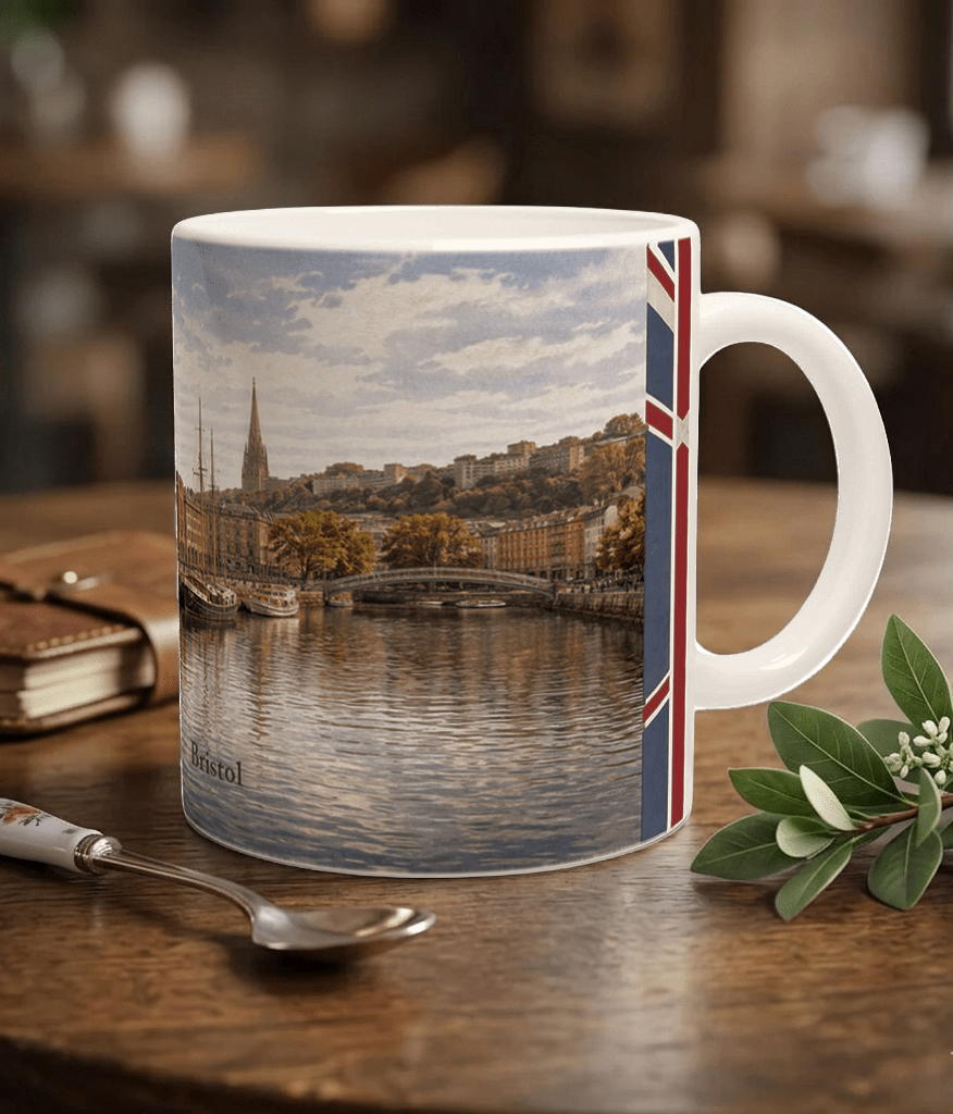 Bristol Aquarell Tasse 330 ml aus der Serie English City Portraits mit Harbourside, Booten, Backsteinarchitektur, Wasser und dezenten England-Flaggenelementen Bristol Aquarell Tasse 330 ml aus der Serie English City Portraits mit Harbourside, Booten, Backsteinarchitektur, Wasser und dezenten England-Flaggenelementen