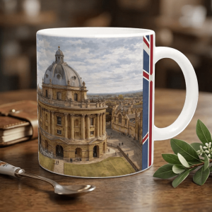 Oxford Aquarell Tasse 330 ml aus der Serie English City Portraits mit Radcliffe Camera, Colleges, Altstadt und dezenten England-Flaggenelementen