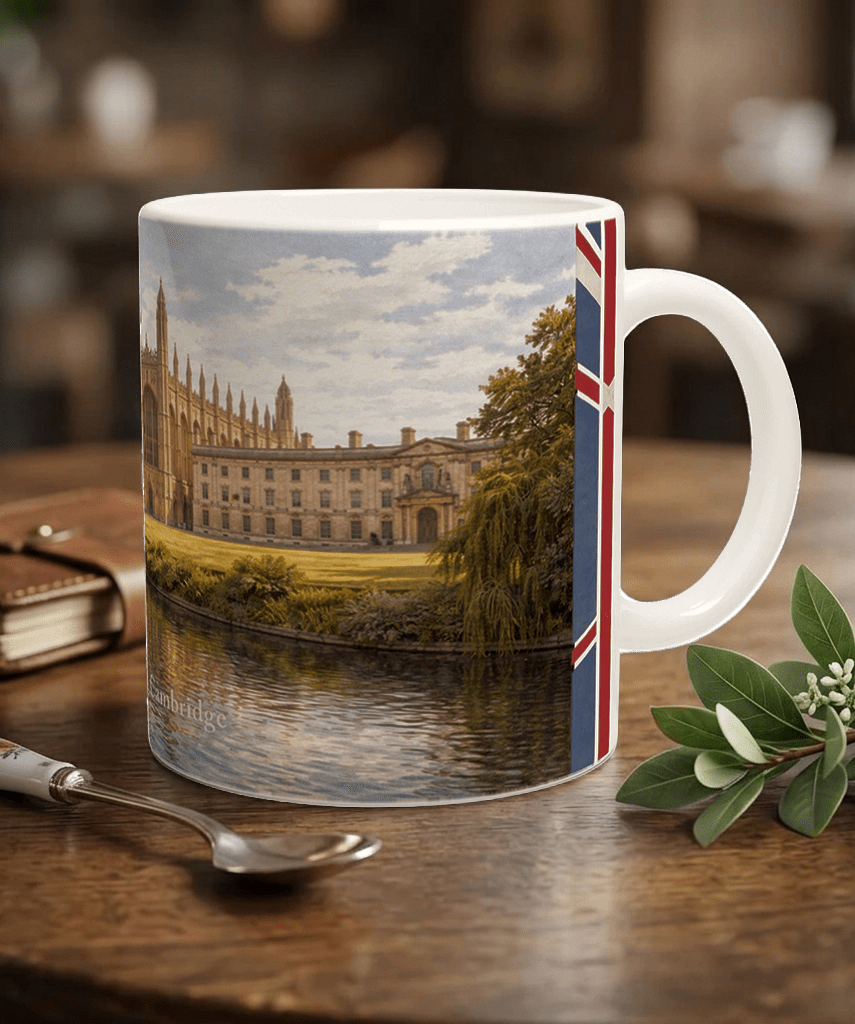 Cambridge Aquarell Tasse 330 ml aus der Serie English City Portraits mit Colleges, River Cam, Altstadt und dezenten England-Flaggenelementen Cambridge Aquarell Tasse 330 ml aus der Serie English City Portraits mit Colleges, River Cam, Altstadt und dezenten England-Flaggenelementen