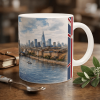 London Aquarell Tasse 330 ml mit Tower Bridge, Themse und Skyline im ruhigen urbanen Aquarellstil, erhältlich in Weiß, Blue Edition oder Red Edition
