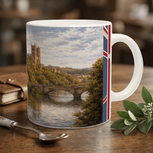 Durham Aquarell Tasse 0,33 l mit handillustrierter englischer Stadtansicht, Flusslandschaft und historischer Architektur