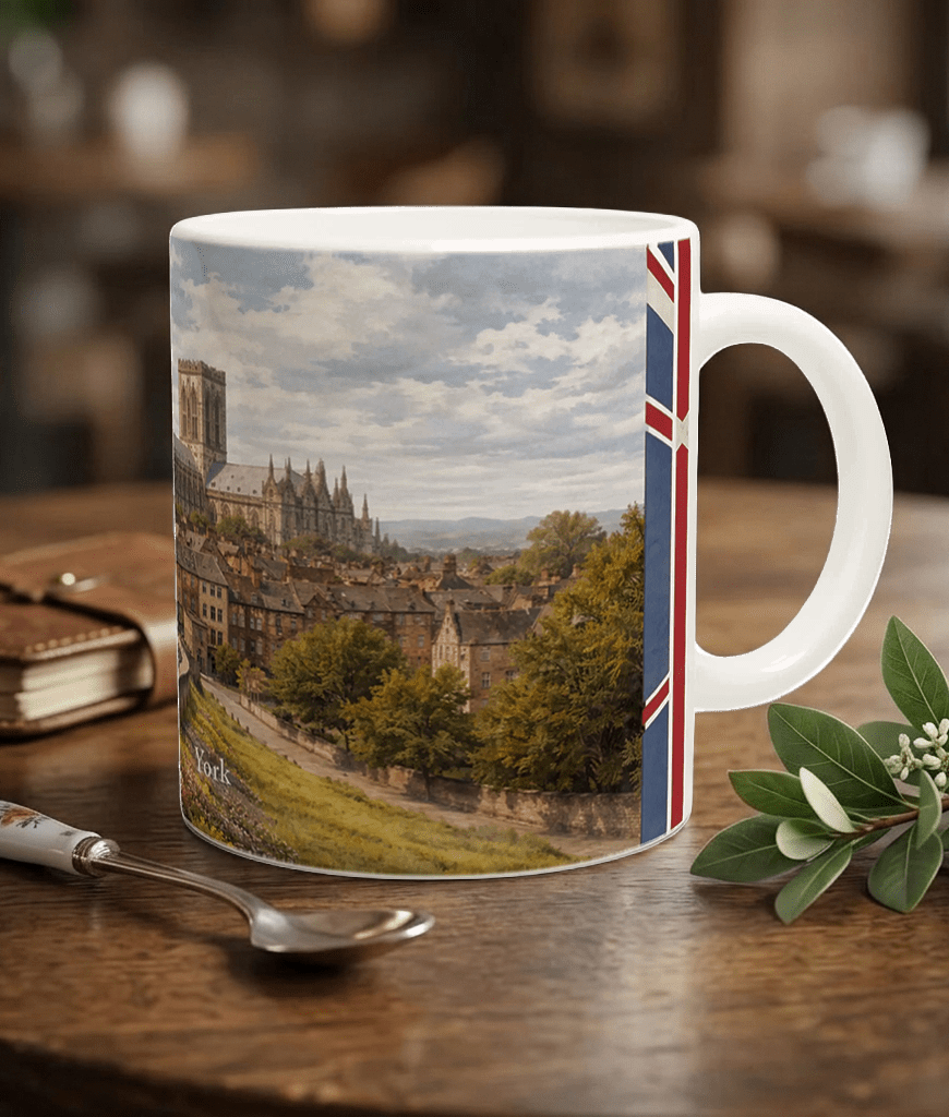 York Aquarell Tasse 330 ml aus der Serie English City Portraits mit Stadtmauer, Altstadt, York Minster und dezenten England-Flaggenelementen York Aquarell Tasse 330 ml aus der Serie English City Portraits mit Stadtmauer, Altstadt, York Minster und dezenten England-Flaggenelementen