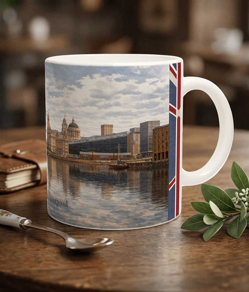 Liverpool Aquarell Tasse 330 ml aus der Serie English City Portraits mit Waterfront, Albert Dock, Skyline und dezenten England-Flaggenelementen Liverpool Aquarell Tasse 330 ml aus der Serie English City Portraits mit Waterfront, Albert Dock, Skyline und dezenten England-Flaggenelementen
