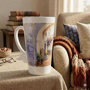 Andalusien Latte Tasse 440 ml mit weißem Torbogen, Bougainvillea, Terrakotta-Boden, Pflanzgefäßen und stiller Hofszene im poetischen Aquarellstil