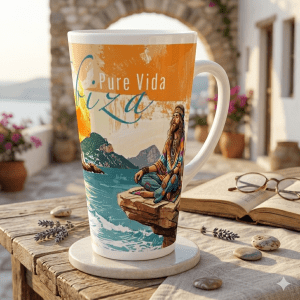 Ibiza Latte Tasse 440 ml mit stilisierter Küstenszene, Leuchtturm, weißer Architektur, türkisfarbenem Meer, großer goldener Sonne und Schriftzug Pure Vida Ibiza