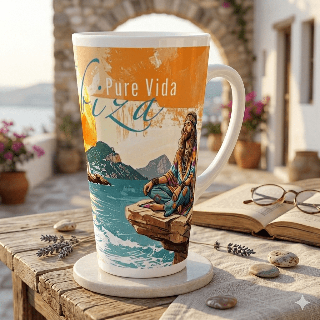 Ibiza Latte Tasse 440 ml mit stilisierter Küstenszene, Leuchtturm, weißer Architektur, türkisfarbenem Meer, großer goldener Sonne und Schriftzug Pure Vida Ibiza Ibiza Latte Tasse 440 ml mit stilisierter Küstenszene, Leuchtturm, weißer Architektur, türkisfarbenem Meer, großer goldener Sonne und Schriftzug Pure Vida Ibiza