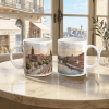Toulouse Tasse 330 ml aus weißer Keramik mit Aquarellmotiv von Pont Neuf, Garonne, Altstadt und Backsteinarchitektur in warmen Pastelltönen