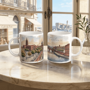 Toulouse Tasse 330 ml aus weißer Keramik mit Aquarellmotiv von Pont Neuf, Garonne, Altstadt und Backsteinarchitektur in warmen Pastelltönen