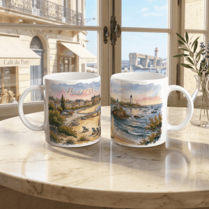 Biarritz Tasse 330 ml aus weißer Keramik mit Aquarellmotiv von Strand, Felseninsel, Leuchtturm, Booten und Küstenansicht in hellen Pastelltönen