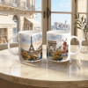 Paris Tasse 330 ml aus weißer Keramik mit Aquarellmotiv von Eiffelturm, Arc de Triomphe, Brücke, Stadtfassaden und Moulin Rouge in hellen Pastelltönen