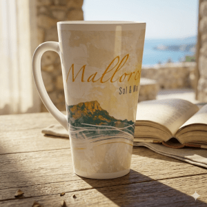 Mallorca Latte Tasse 440 ml mit Sol & Mar Motiv, großer Sonne, Meereslinien und mediterraner Landschaft auf weißer Keramik