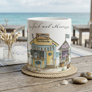Meerzeit Tasse 330 ml mit maritimen Strandbuden im Aquarellstil, erh&auml;ltlich in Wei&szlig; sowie mit gelber, rosa oder gr&uuml;ner Innenfl&auml;che und Henkel