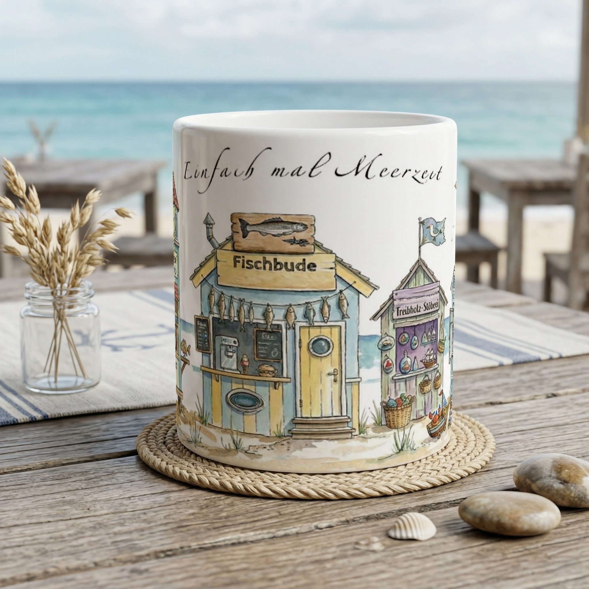 Meerzeit Tasse 330 ml mit maritimen Strandbuden im Aquarellstil, erhältlich in Weiß sowie mit gelber, rosa oder grüner Innenfläche und Henkel Meerzeit Tasse 330 ml mit maritimen Strandbuden im Aquarellstil, erhältlich in Weiß sowie mit gelber, rosa oder grüner Innenfläche und Henkel