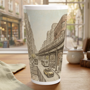 Bronx Latte Tasse 440 ml mit gezeichneter New Yorker Straßenszene, Hochbahn, Bodega und Basketballcourt im urbanen Aquarellstil