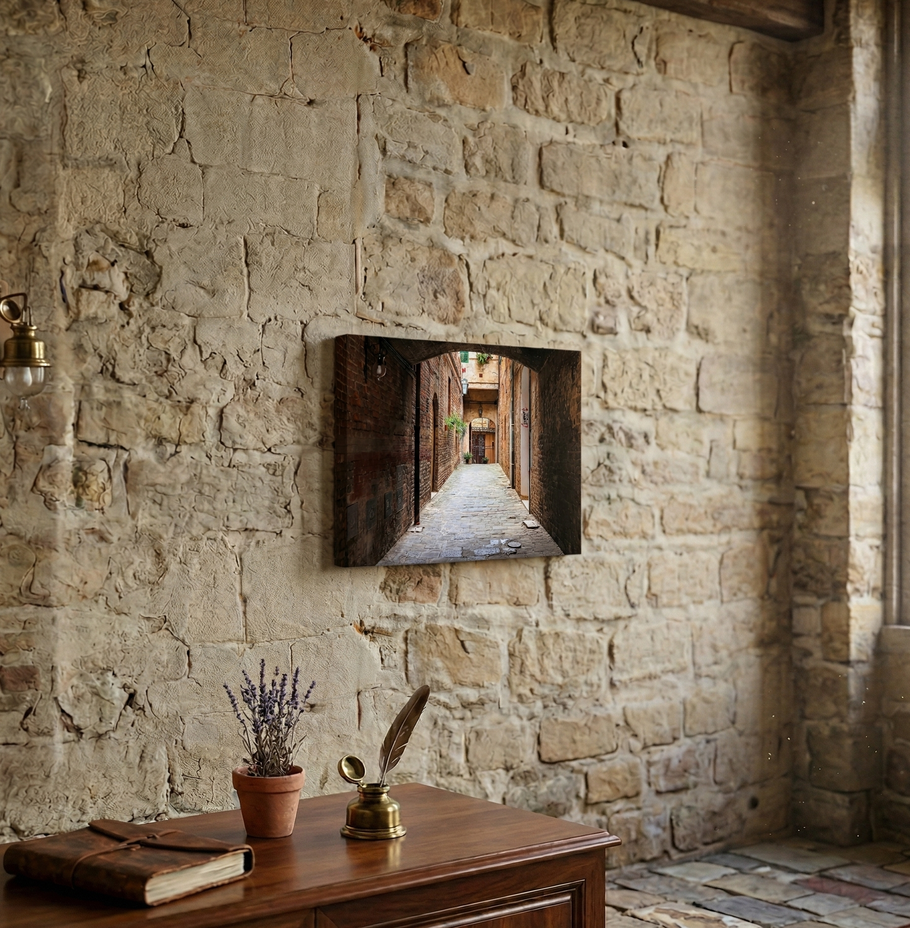 Siena Leinwandbild 60x40 mit historischer Altstadtgasse, Backsteinmauern und Foto von Görgen J Manns Siena Leinwandbild 60x40 mit historischer Altstadtgasse, Backsteinmauern und Foto von Görgen J Manns