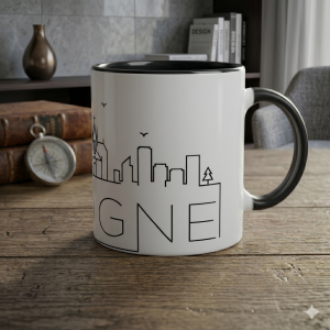 Skyline K&ouml;ln Tasse 330 ml aus Keramik in Wei&szlig; mit schwarzem Innenbereich und schwarzem Henkel, minimalistisches Line-Art-Motiv mit K&ouml;lner Dom und Stadtsilhouette