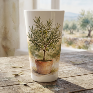 Olivenbaum Latte Tasse 440 ml mit feinen Olivenzweigen und Terrakottatopf im botanischen Aquarellstil