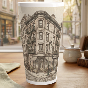 West Village Latte Tasse 440 ml mit gezeichneter New Yorker Straßenszene im ruhigen Aquarellstil