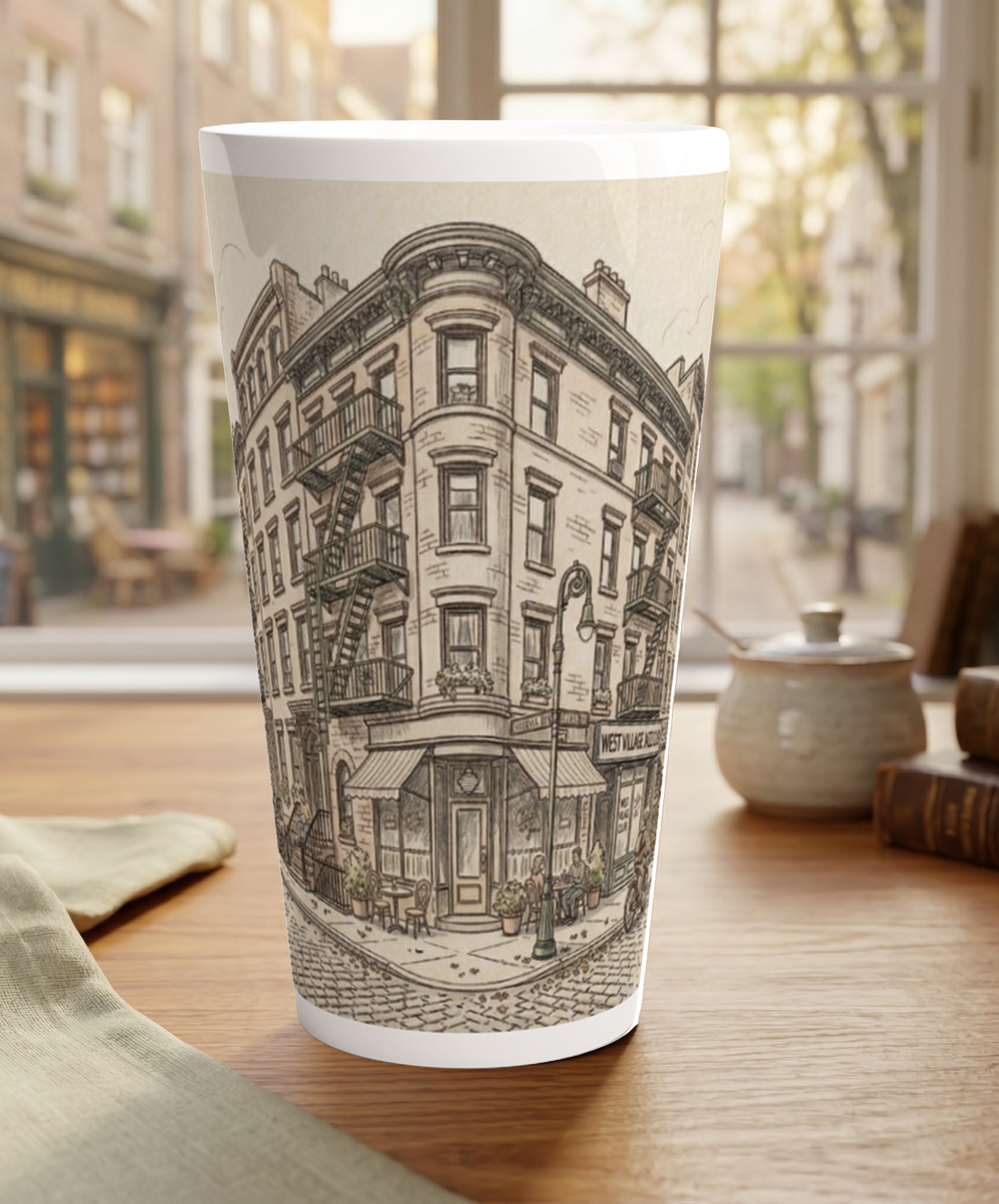 West Village Latte Tasse 440 ml mit gezeichneter New Yorker Straßenszene im ruhigen Aquarellstil West Village Latte Tasse 440 ml mit gezeichneter New Yorker Straßenszene im ruhigen Aquarellstil