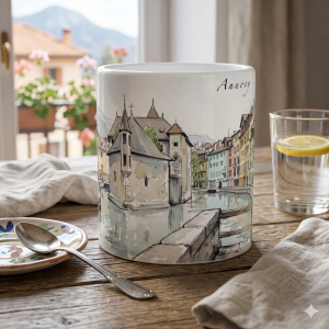 Annecy Tasse 330 ml mit Kanal, pastellfarbenen Altstadthäusern und historischem Bauwerk im Aquarellstil