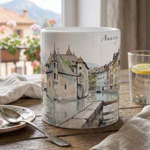 Annecy Tasse 330 ml mit Kanal, pastellfarbenen Altstadthäusern und historischem Bauwerk im Aquarellstil
