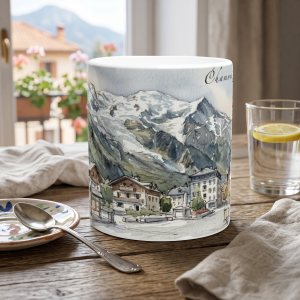 Chamonix Tasse 330 ml mit Alpenpanorama, Bergdorf und schneebedeckter Bergkulisse im Aquarellstil