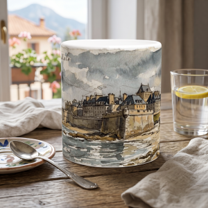 Saint-Malo Tasse 330 ml mit Stadtmauer, Atlantikküste und historischem Stadtbild im Aquarellstil
