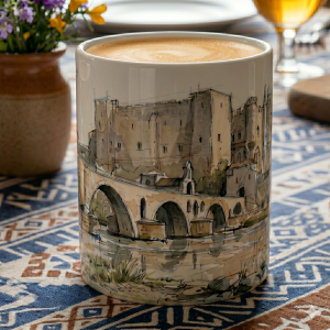 Avignon Tasse 330 ml mit Pont Saint-Bénézet, historischem Stadtbild und ruhiger Flussszene im Aquarellstil