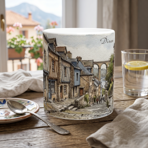 Dinan Tasse 330 ml mit historischer Altstadtgasse, Natursteinhäusern und Viaduktblick im Aquarellstil