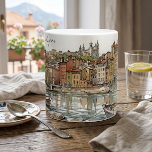 Lyon Tasse 330 ml mit Flussufer, Booten, farbigen Altstadthäusern und Stadtpanorama im Aquarellstil