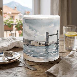 Brest Tasse 330 ml mit Hafen, Brücke, Booten und weiter Wasserfläche im Aquarellstil