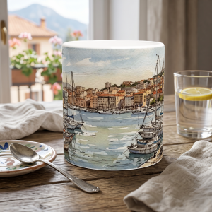 Marseille Tasse 330 ml mit Hafen, Booten, Altstadthäusern und mediterranem Stadtpanorama im Aquarellstil