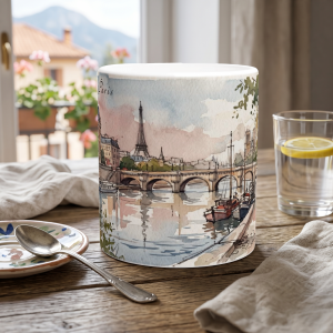 Paris Tasse 330 ml mit Seine, Br&uuml;cke, Booten und Eiffelturm im feinen Aquarellstil