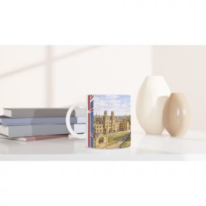 Oxford Aquarell Tasse 330 ml aus der Serie English City Portraits mit Radcliffe Camera, Colleges, Altstadt und dezenten England-Flaggenelementen