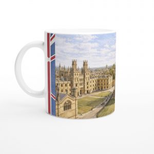 Oxford Aquarell Tasse 330 ml aus der Serie English City Portraits mit Radcliffe Camera, Colleges, Altstadt und dezenten England-Flaggenelementen