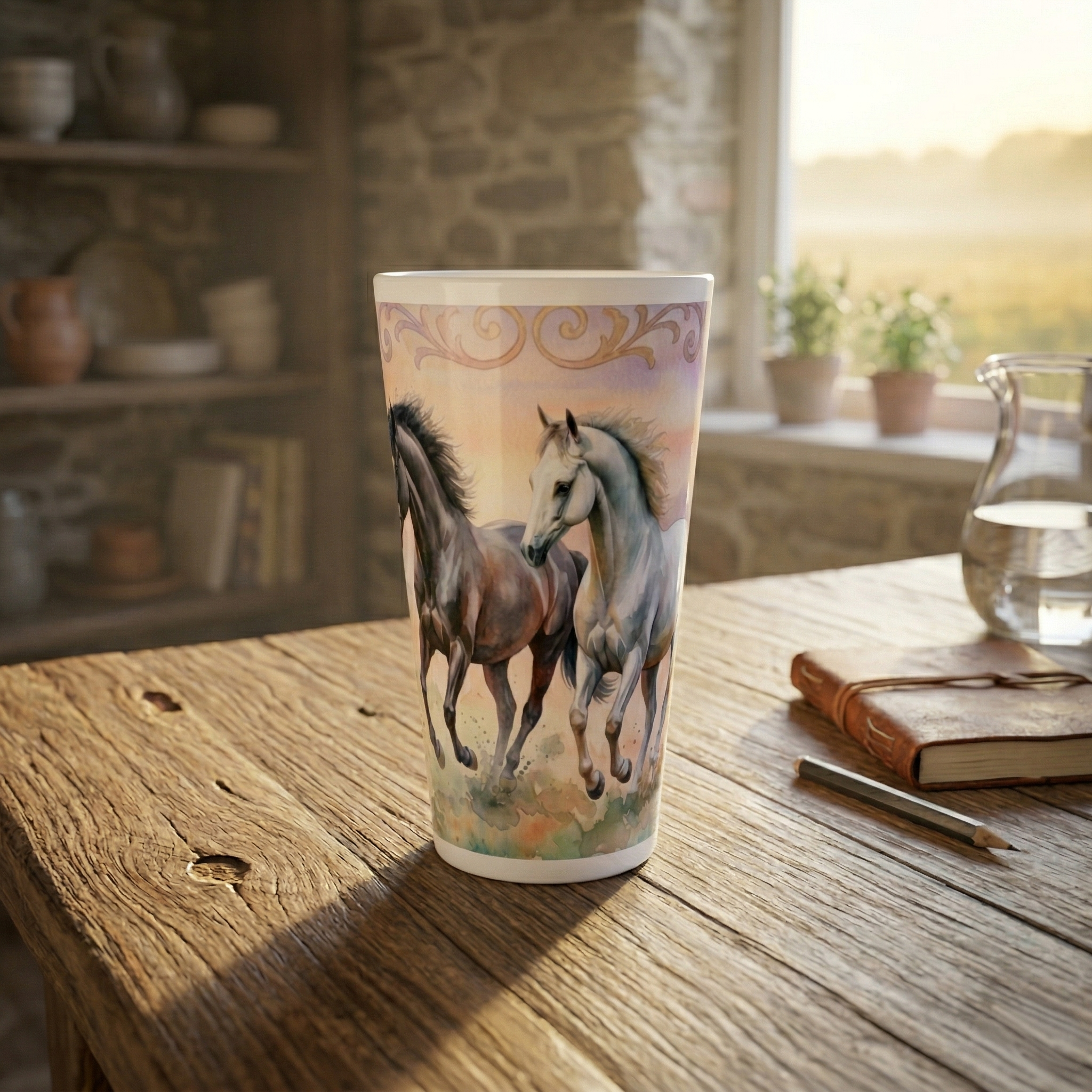 Pferde Latte Tasse 440 ml mit zwei anmutigen Pferden im zarten Aquarellstil vor pastelliger Landschaft Pferde Latte Tasse 440 ml mit zwei anmutigen Pferden im zarten Aquarellstil vor pastelliger Landschaft
